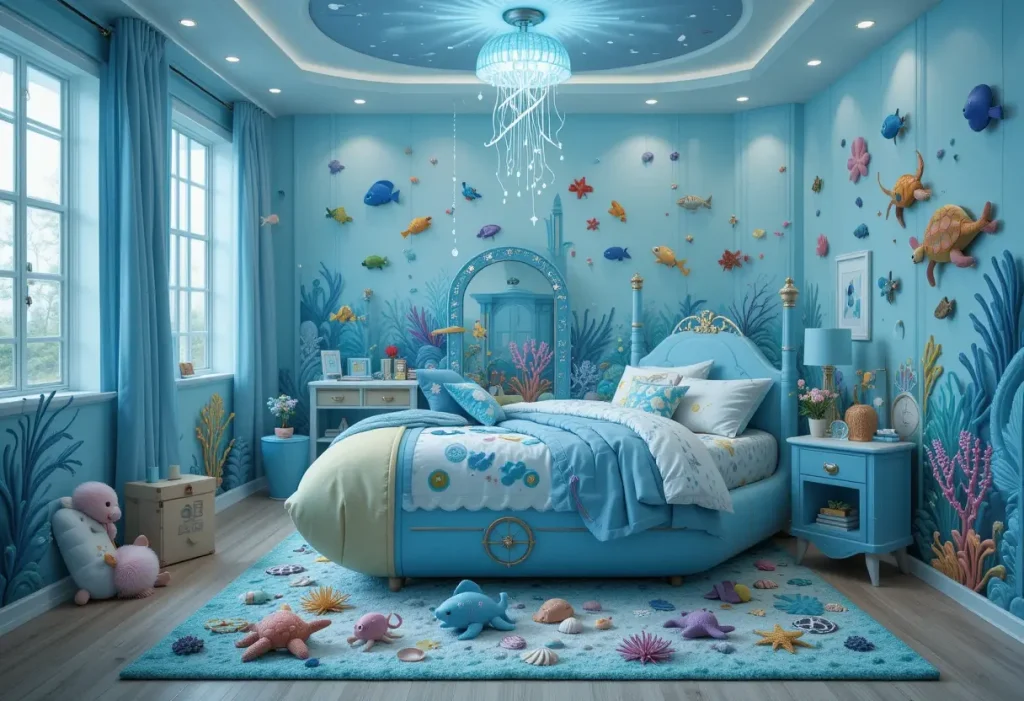 "Underwater ocean-themed boys’ bedroom with fish wall decals, submarine bed, ocean wave bedding, and sea life decor."