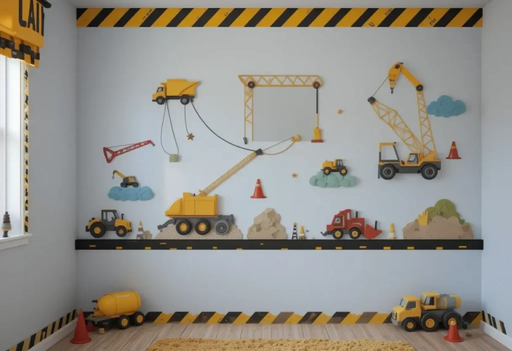 "Toddler room themed like a construction zone, with truck toys, wall decals of cranes, and industrial-style details."