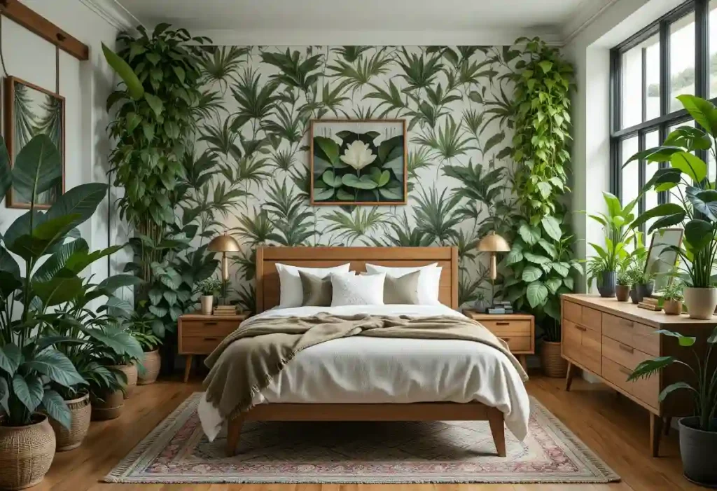 "Guest room filled with lush plants, botanical decor, wooden furniture, and green, earthy tones."