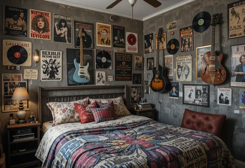 A rock-themed room with music posters, a mounted guitar, and album cover art.