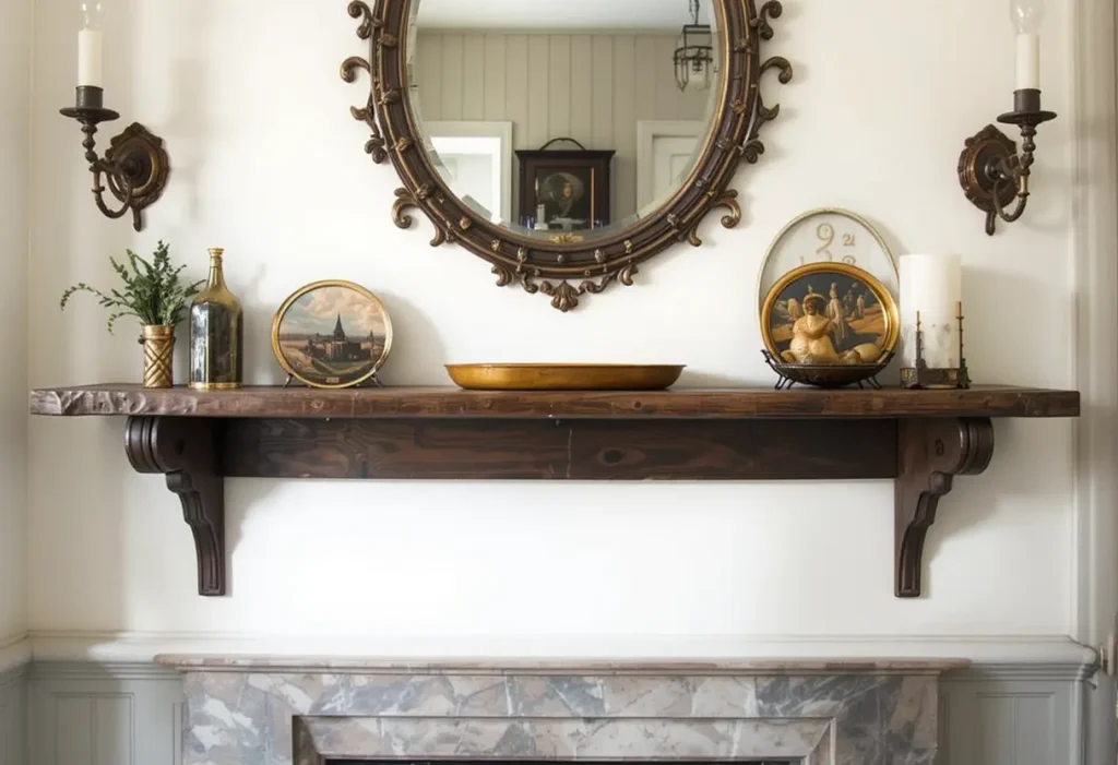 Wall-mounted wooden shelf vanity with ornate mirror and vintage trays.