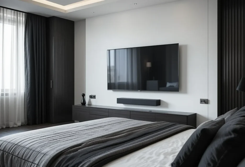 TV and soundbar mounted together on a brown bedroom wall with clean cable management.