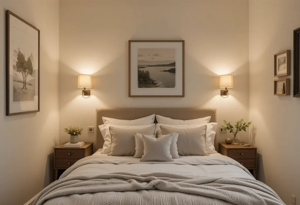 "Small bedroom with wall sconces beside the bed, replacing bedside lamps to save space and add soft, cozy lighting.