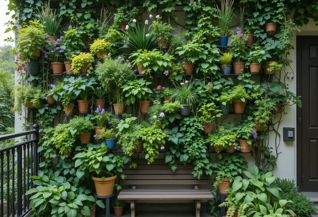 Wall-mounted vertical garden filled with green plants and herbs on a balcony, saving floor space.