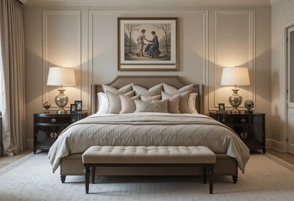 Luxurious hotel-inspired bedroom with plush bedding, neutral tones, and symmetrical décor.