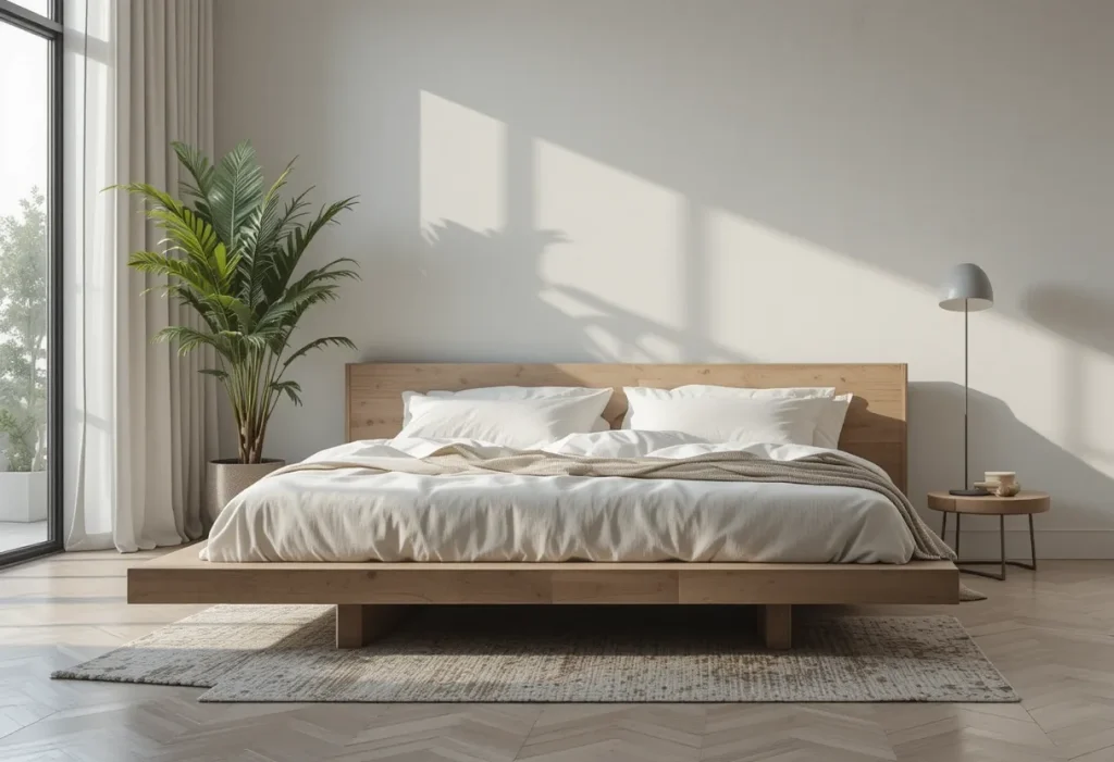 Minimalist platform bed with neutral bedding and a tall plant beside it in a bright small room.