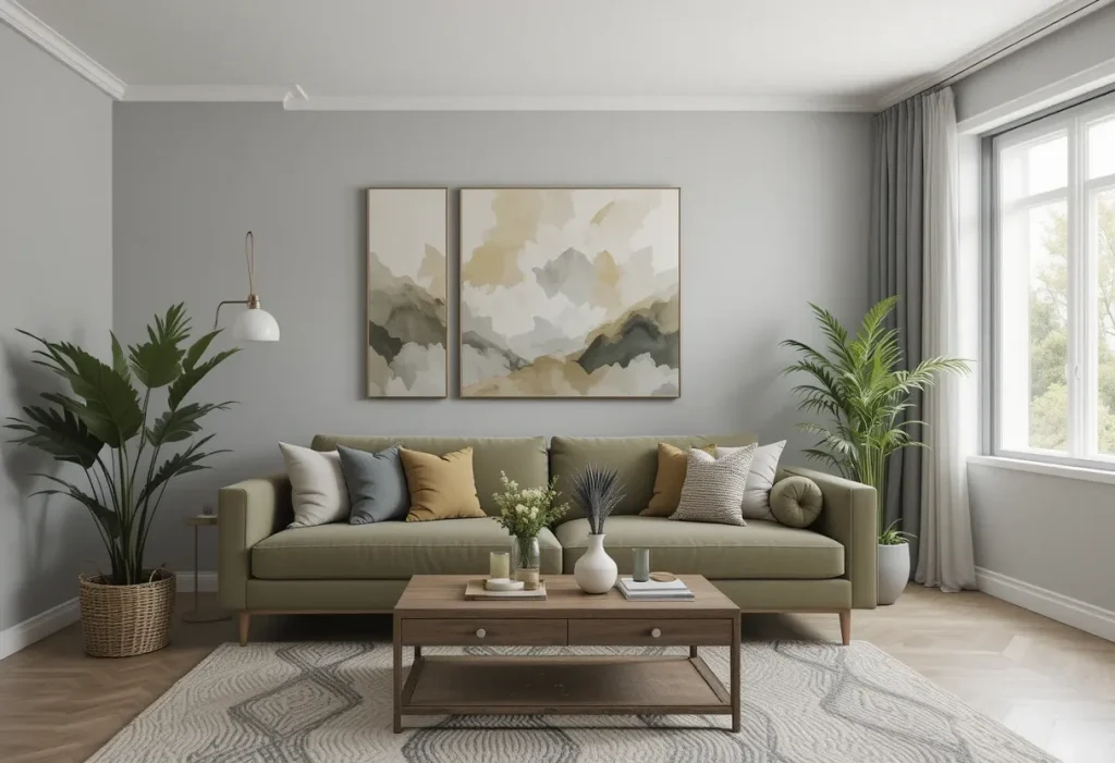 Grey and olive green bedroom with wooden furniture and plants