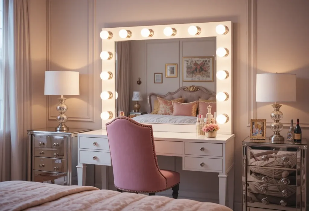 Glam bedroom with a Hollywood-style lighted mirror, white vanity, crystal lamp, and velvet chair.