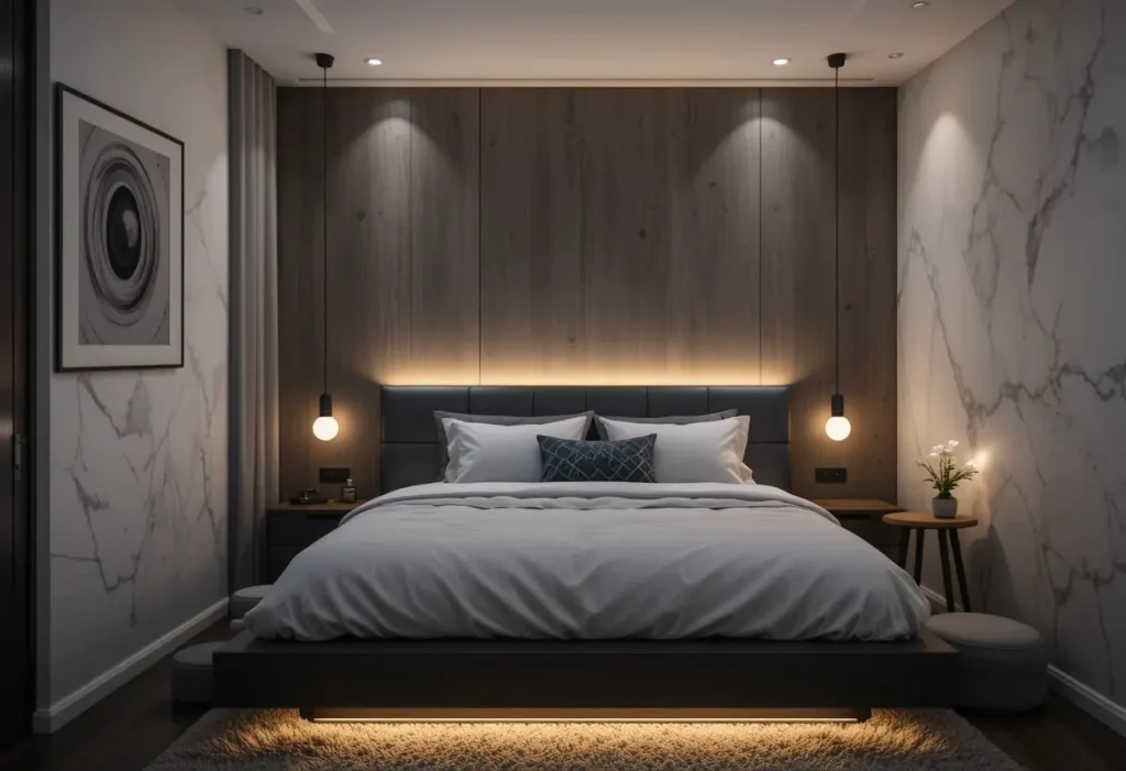 “Modern bedroom with under-bed drawers and organized storage.”