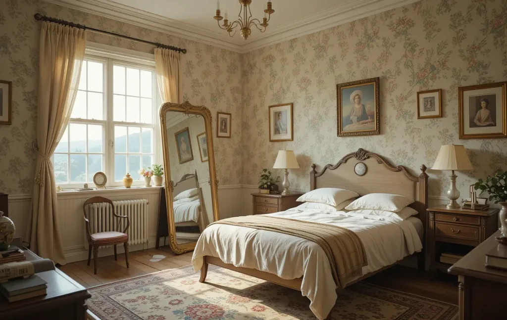 Single-bed bedroom with a leaning vintage mirror, reflecting soft natural light and expanding the visual space.