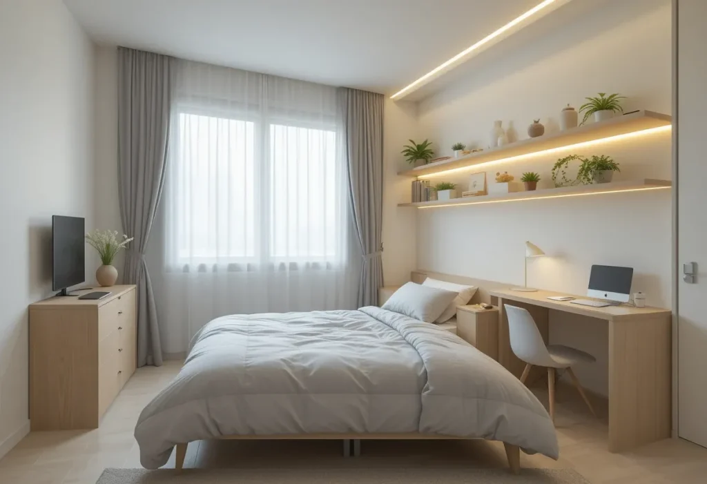 A minimalist room with light wood accents, gray and white color scheme, and functional open storage.