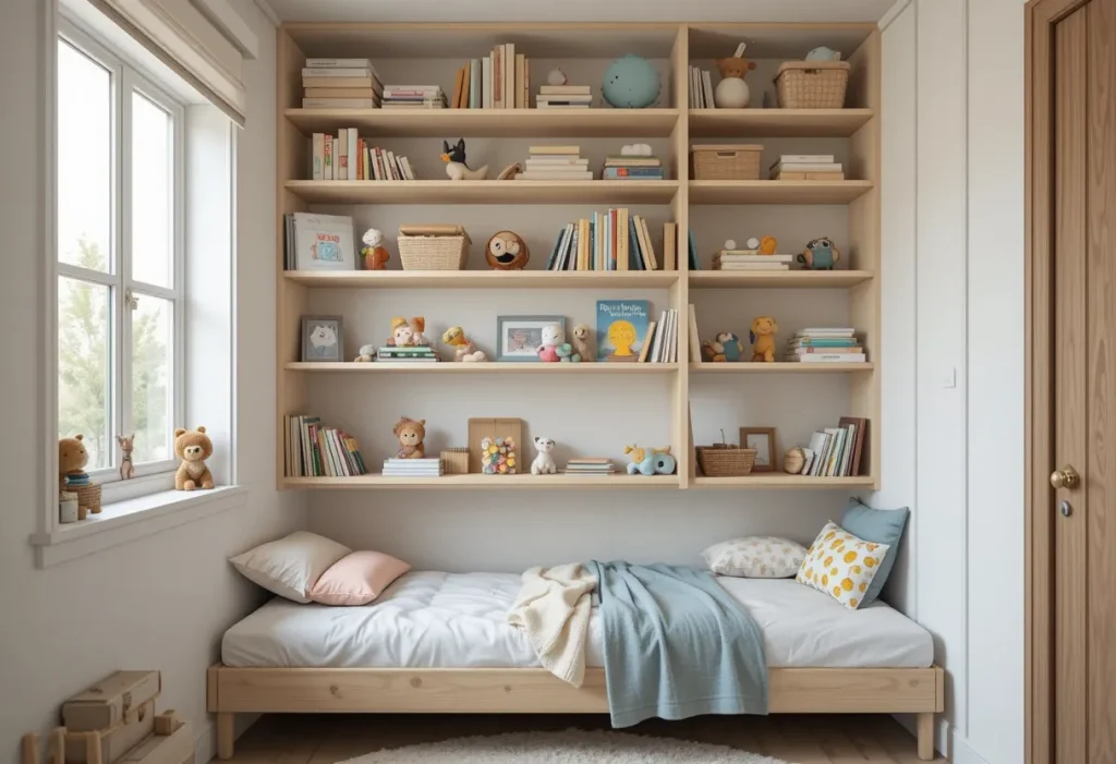 “Small bedroom with floating wall shelves holding books and toys above a compact bed.”