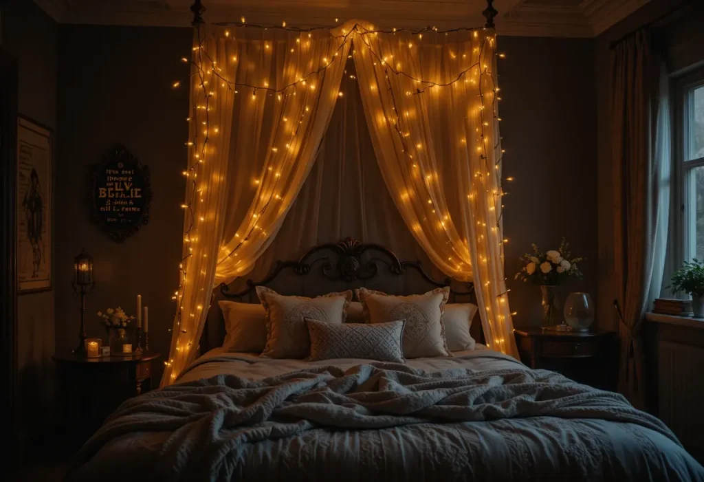 Romantic dark bedroom with amber string lights glowing warmly over a cozy, softly lit bed.