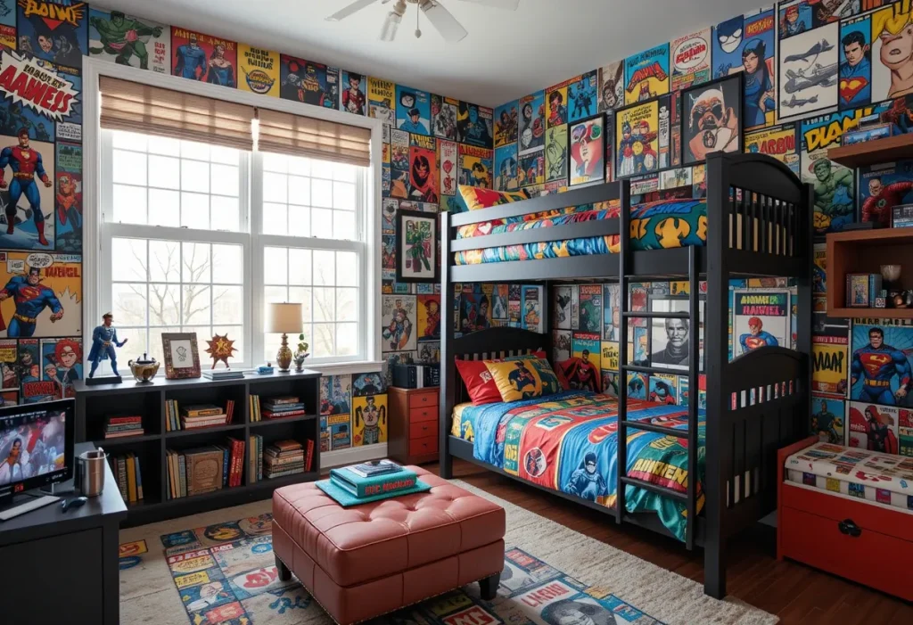 Superhero-themed kids’ bedroom with comic wall art, colorful bedding, and action figures.