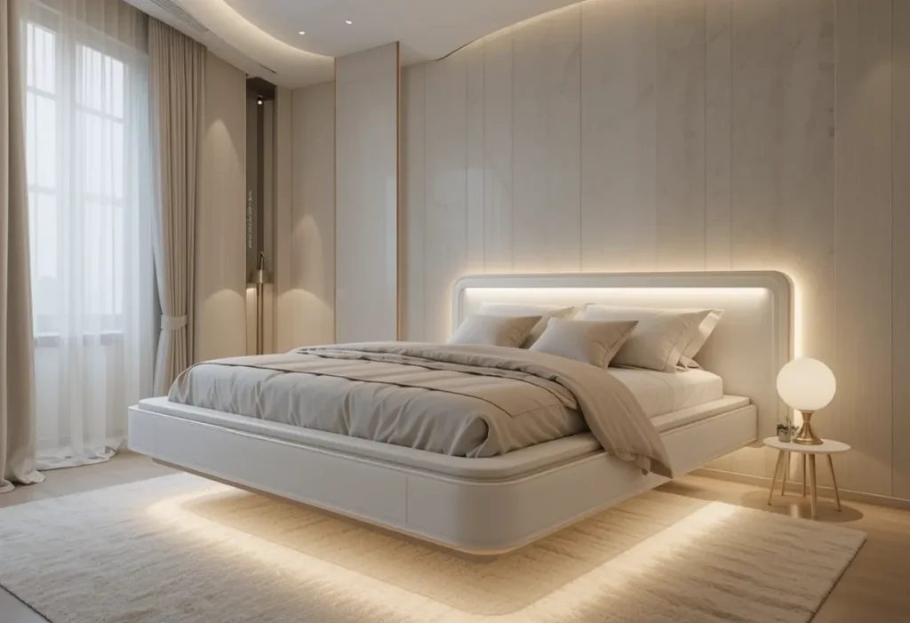 Floating bed with LED lighting and soft neutral linens.