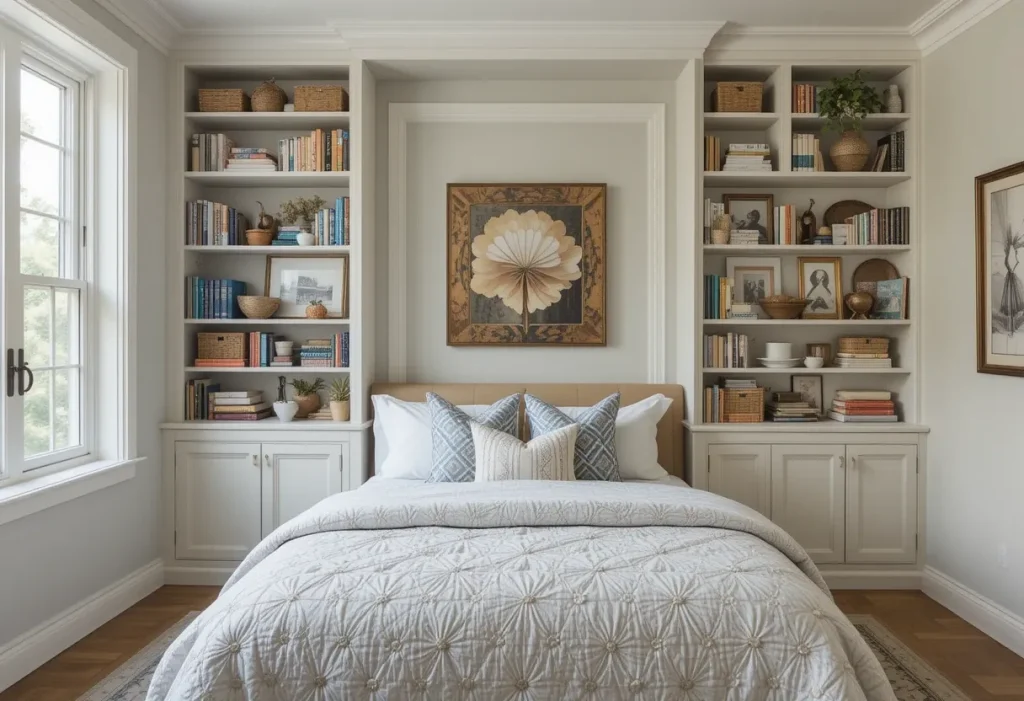 A wall fully covered in shelves storing baskets, books, and decor in an organized small bedroom.