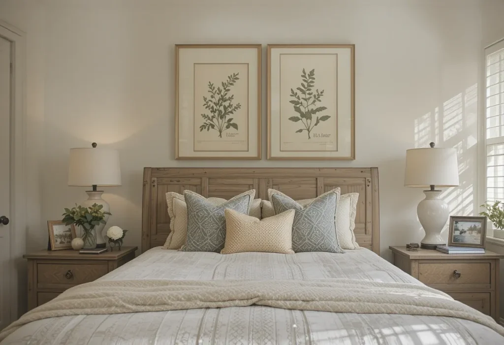 Guest room with framed vintage-style botanical prints and light, rustic decor.