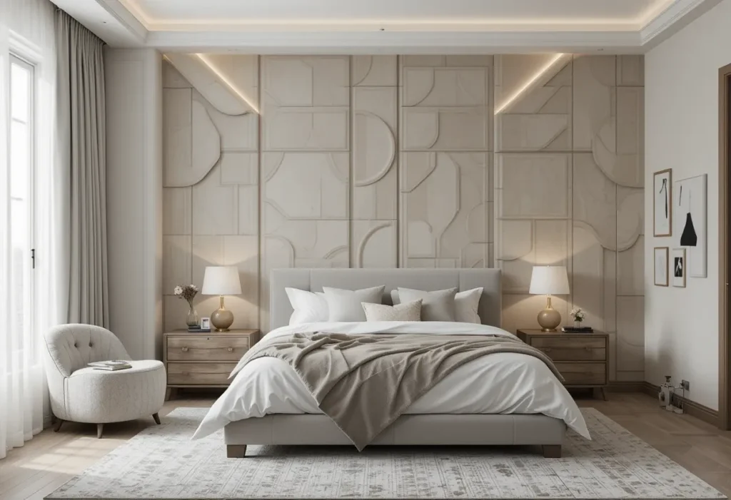 Bedroom with a textured feature wall, neutral bedding, and minimalist furnishings.