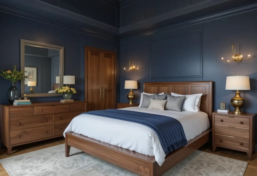 "Navy and wood-themed bedroom with rich blue tones and dark wooden furnishings"