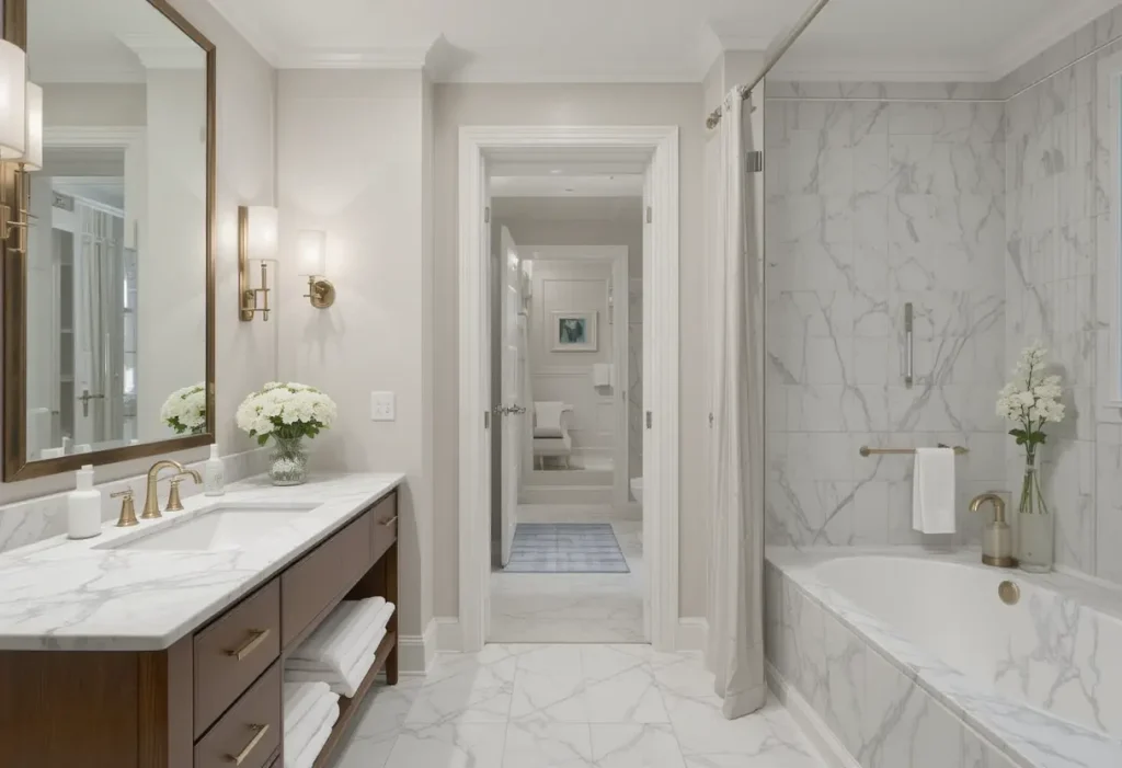"Elegant guest suite with ensuite bathroom, marble finishes, crisp linens, and high-end decor."