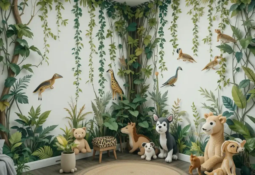 A wild-themed room with jungle decor, animal wall hooks, and a leafy reading nook.