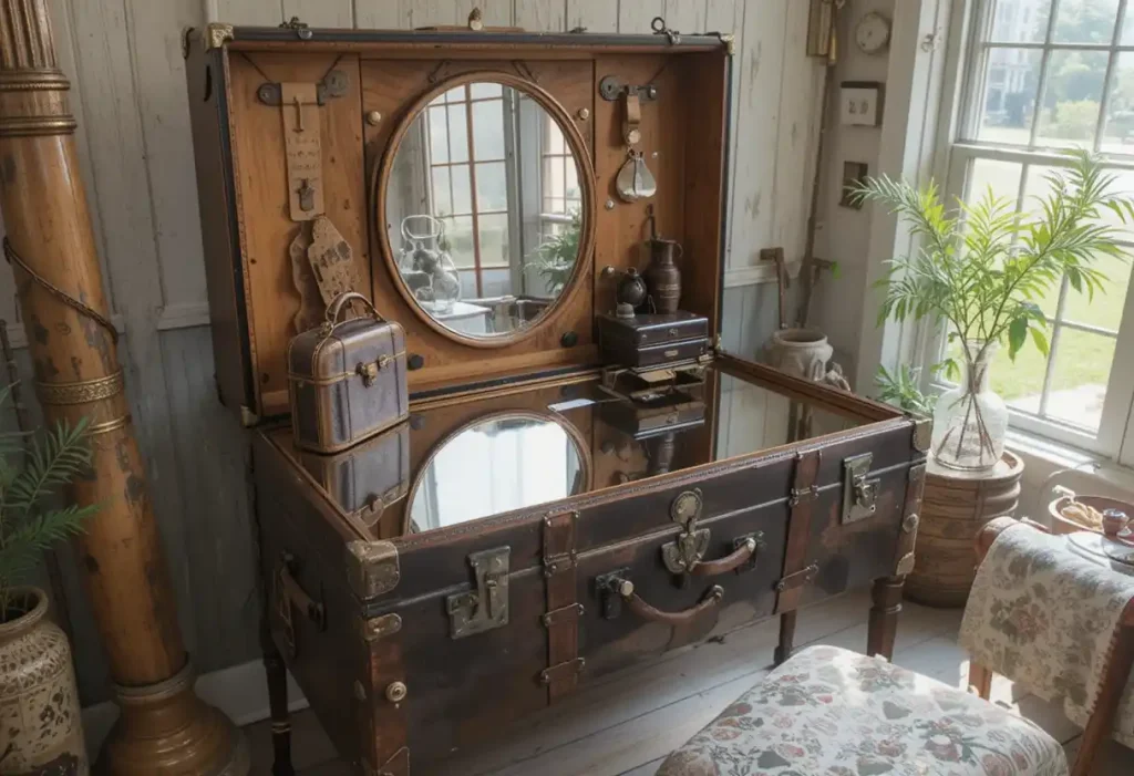 Repurposed leather trunk used as vanity with glass top and hanging mirror above.