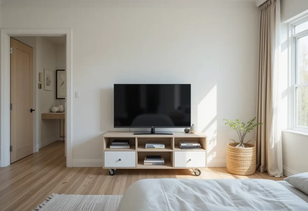 Mobile TV stand with wheels in a versatile, multi-use brown bedroom.