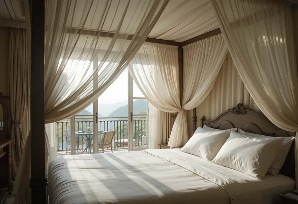 Canopy bed with flowing sheer curtains positioned to face a sunlit balcony, offering a luxurious view.