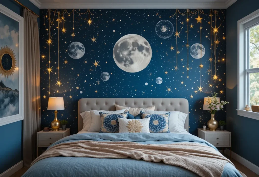 Dreamy bedroom with celestial wallpaper featuring stars and moons, complemented by string lights.