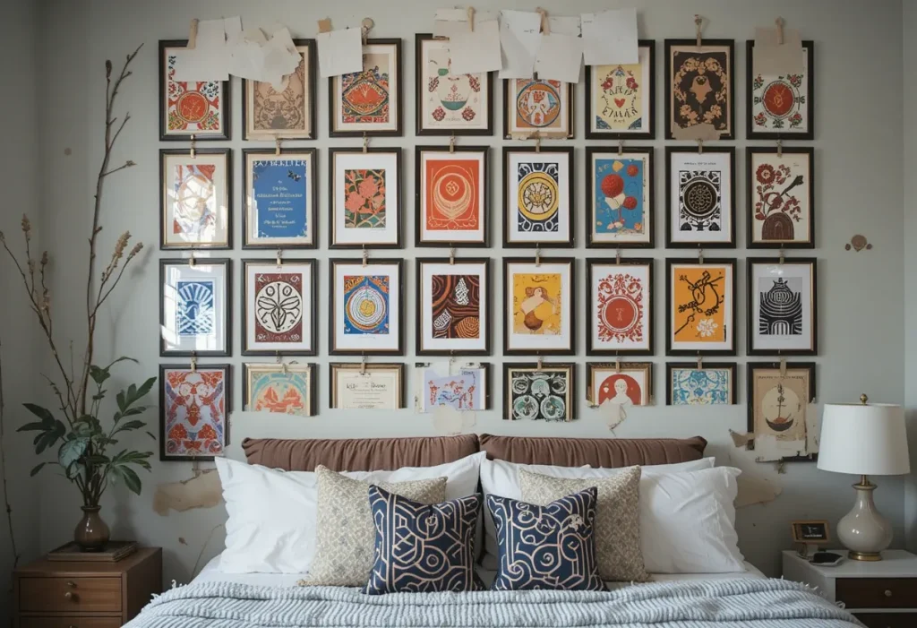 Bedroom wall features several small blank frames containing fabric or wallpaper swatches, arranged in a grid.