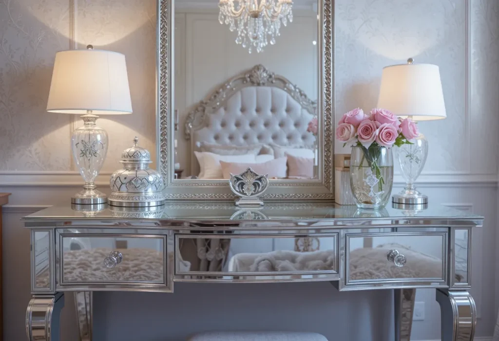 Luxe bedroom with a mirrored vanity table, silver-framed mirror, tufted furniture, and crystal lighting.