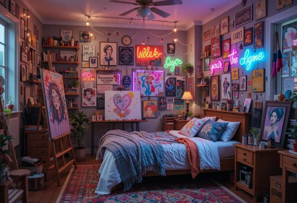 An artistic bedroom-studio with an easel, wall art, neon signs, and a colorful, cozy bed.