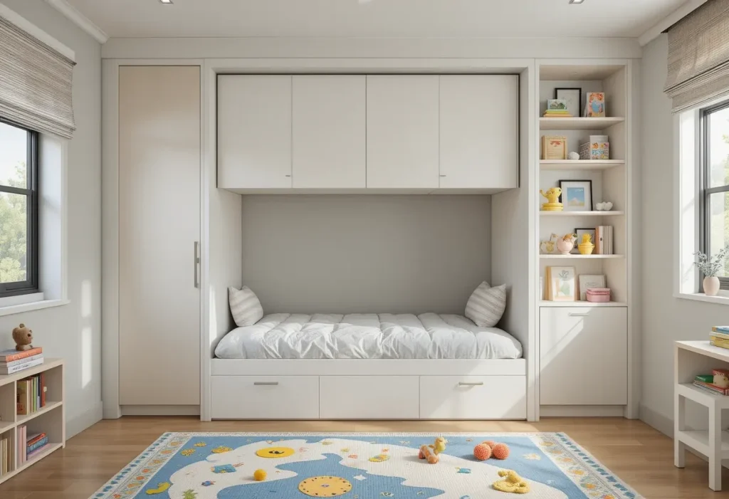 Children’s room with Murphy bed folded into the wall, creating an open play space with shelves nearby.