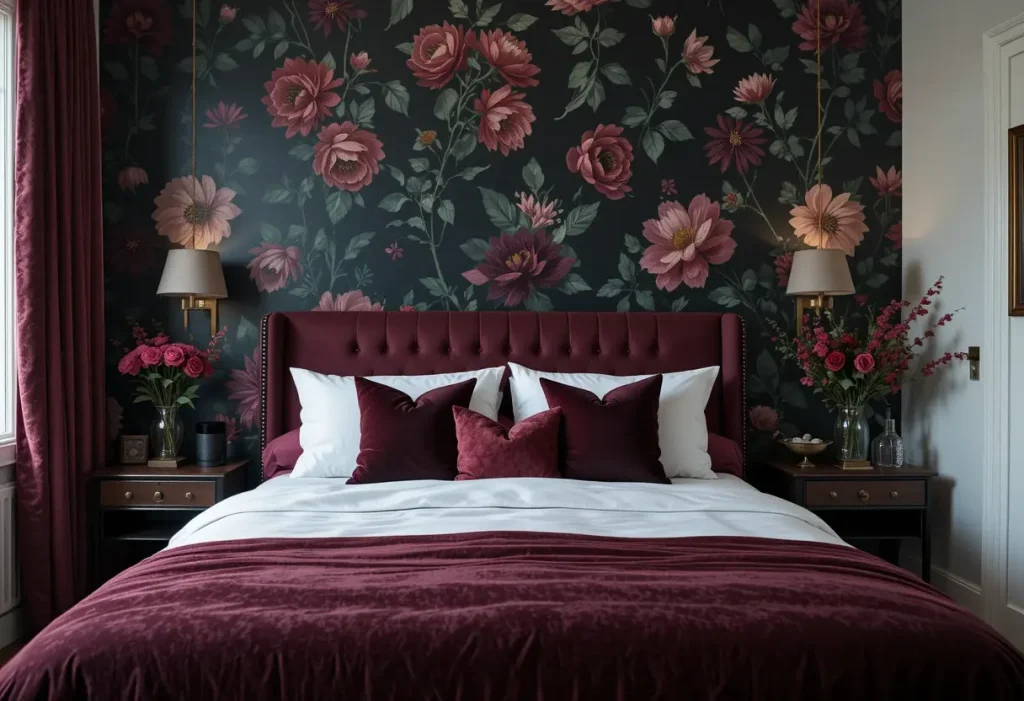Dark romantic bedroom with bold floral wallpaper behind the bed and cozy layered bedding.
