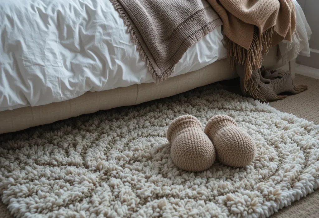 Textured area rug beneath bed creating a cozy atmosphere.