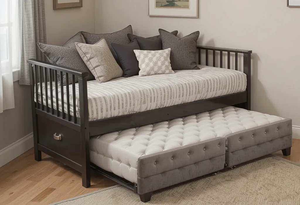 A daybed styled as a sofa with pillows, featuring a pull-out trundle bed below for extra sleeping space.