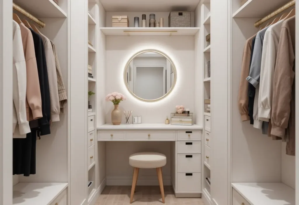 Closet vanity setup with mirror, drawers, and stool inside a stylish cloffice space.