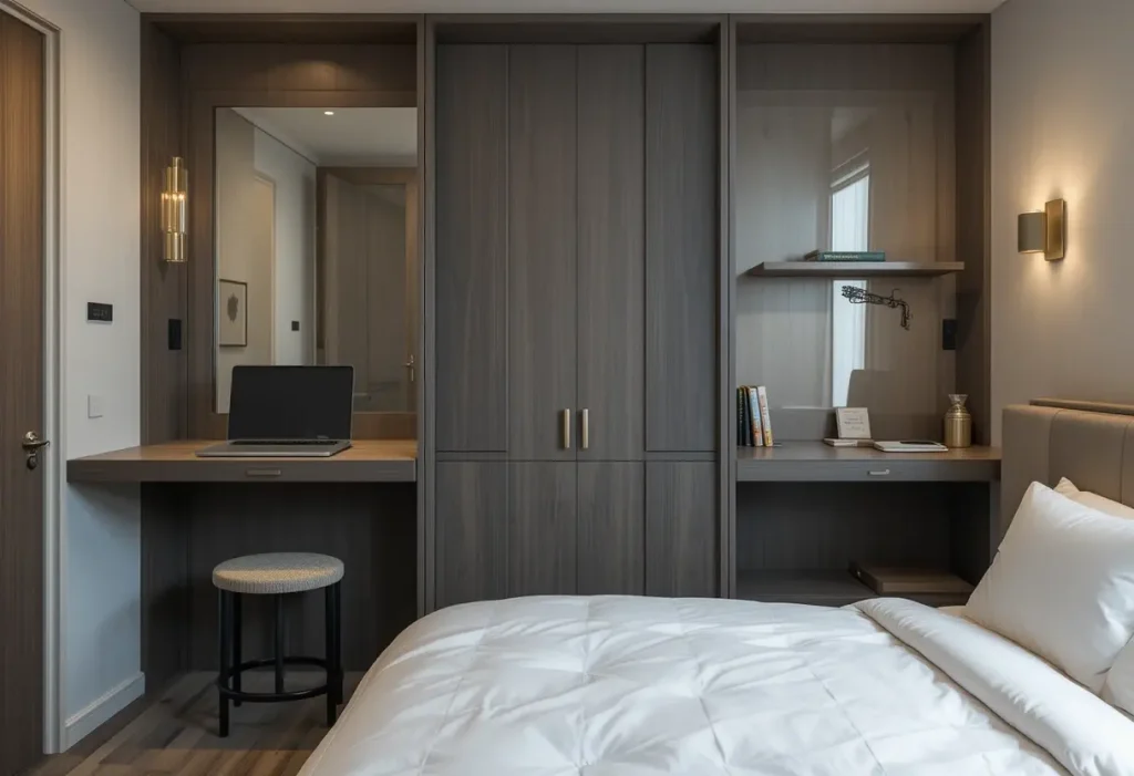 Small bedroom with minimalist oak platform bed, neutral decor, and calming, airy design perfect for couples.