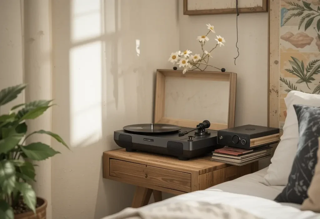 "Small bedroom setup with a record player or Bluetooth speaker for a relaxing, music-friendly vibe."