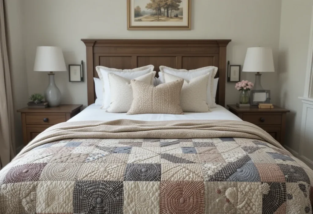 Guest bedroom with a black metal bed frame, light bedding, and vintage accents.
