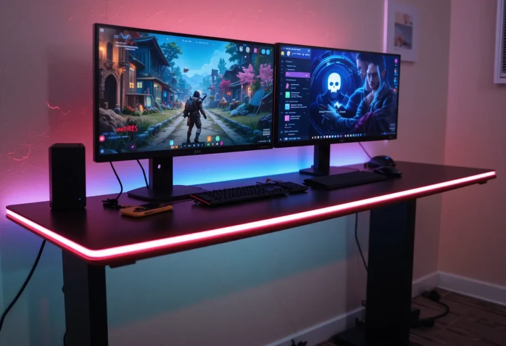 Dual-monitor gaming station showing a game and chat app, with ambient LED lighting and a tidy desk layout.