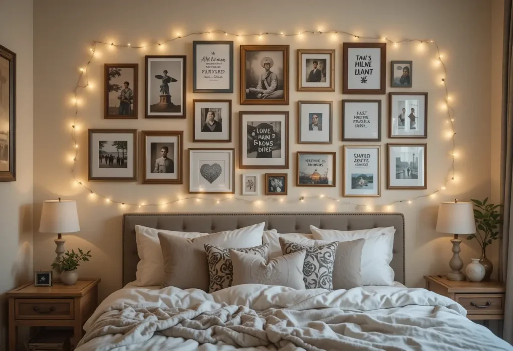 "Bedroom with a personal gallery wall of framed photos, art, and quotes above the bed, adding warmth and personality."