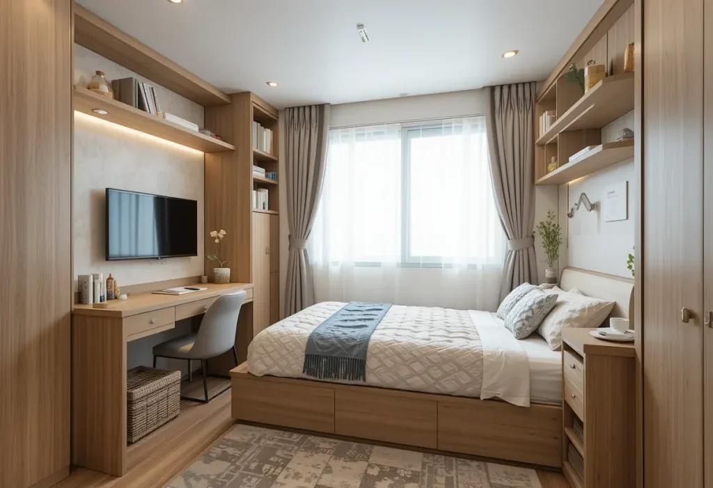"Compact bedroom with smart storage solutions and minimalist layout"