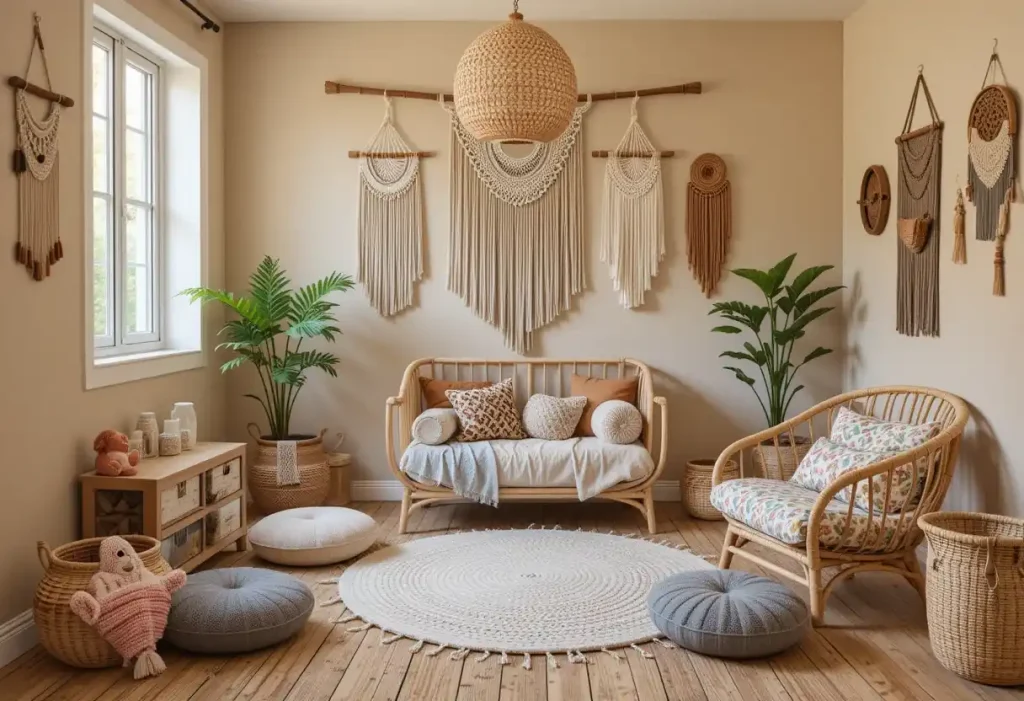 "Bohemian toddler room with macramé, rattan furniture, soft textures, and earthy colors for a chic, calming look."