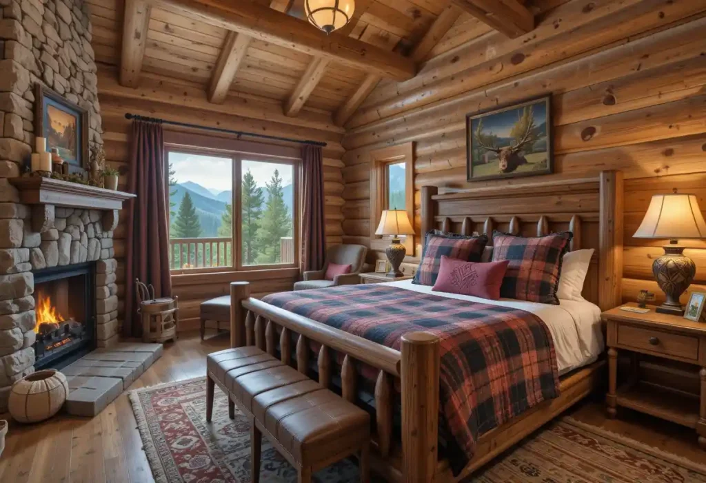 "Mountain lodge guest room with wood paneling, cozy flannel blankets, and a warm, rustic ambiance."