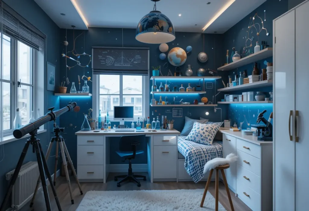 A science lab-inspired room with charts, glowing LEDs, and a mini experiment station.