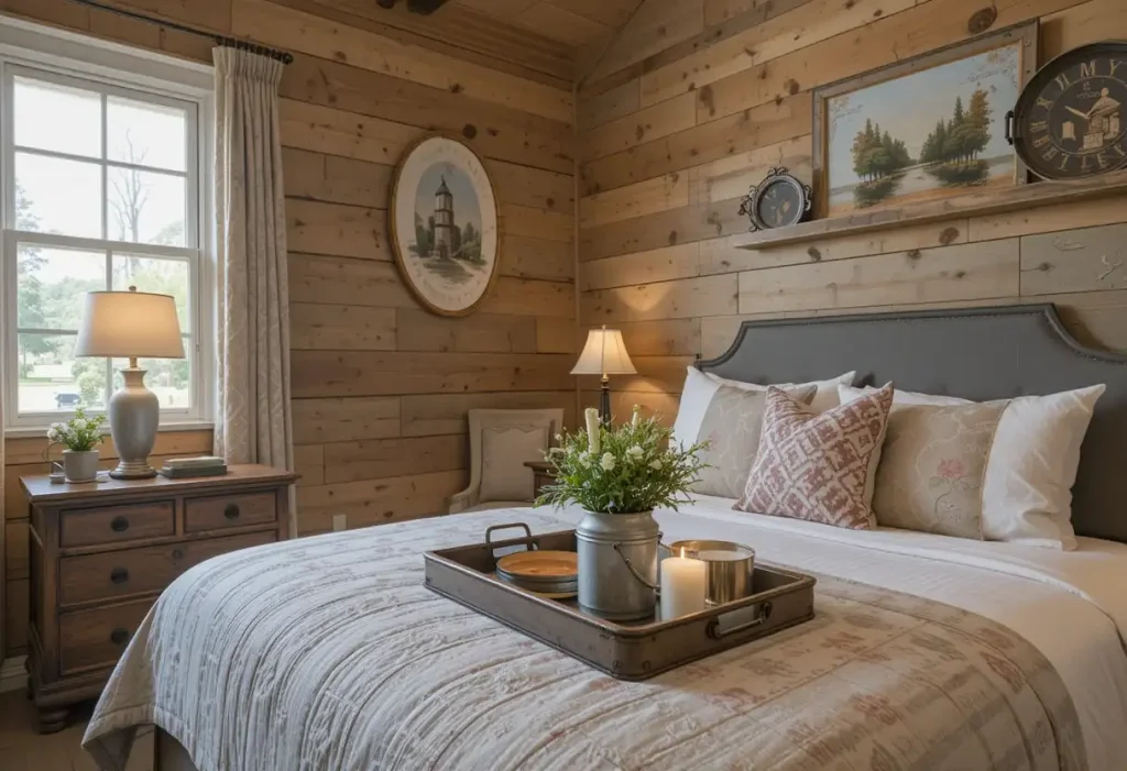 Galvanized metal trays and buckets accenting a rustic guest room.