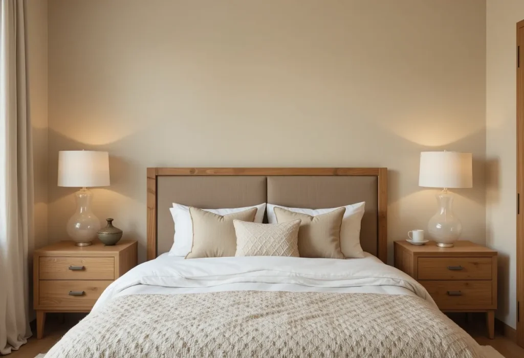 Bedside setup with a natural wood nightstand, ceramic dish, and warm table lamp.
