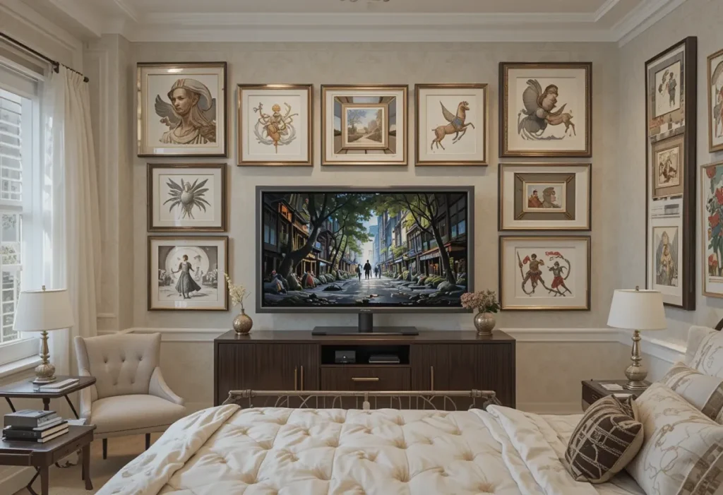 TV framed like a painting, blending into a gallery wall in a brown-toned bedroom.