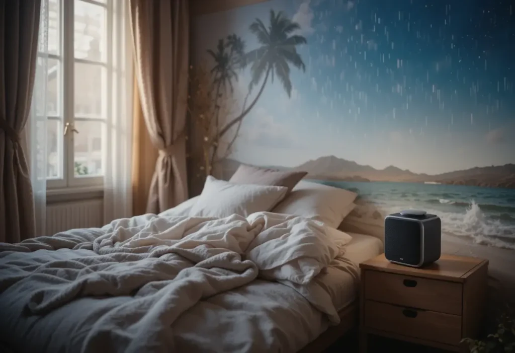 "Small cozy bedroom with a sound machine on the nightstand, creating a peaceful atmosphere with ambient sounds like rain or ocean waves.